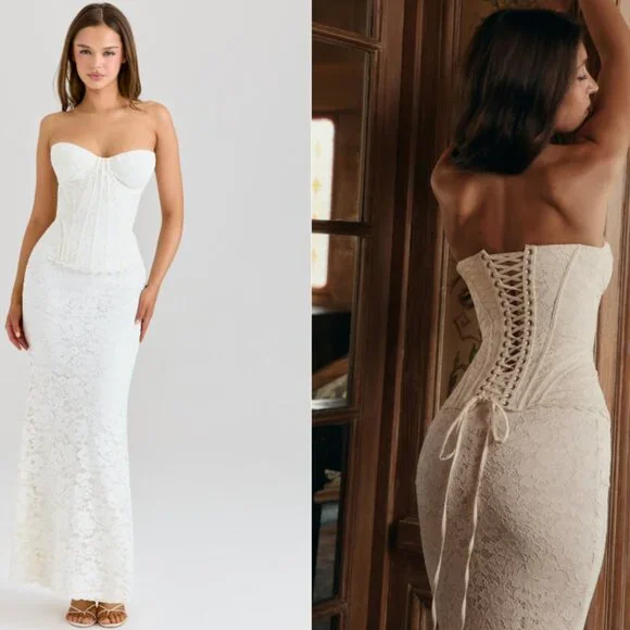 chinese dress ladies Ivory Sheer Lace Corset Bodice Maxi Dress